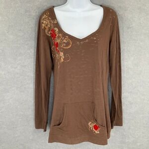 Wrangler Top Womens Sz L Brown‎ Long Sleeve V-Neck Graphic Pocket 90s Style